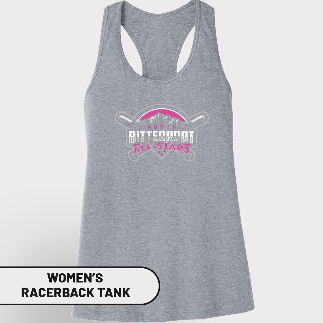 Gray women's racerback tank top with North Bitterroot All-Stars logo.
