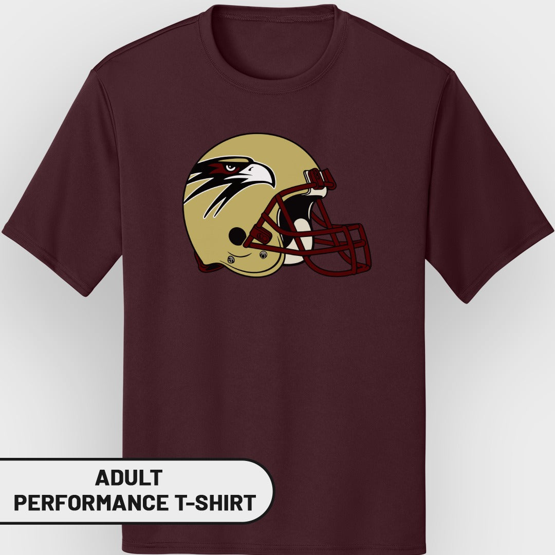 Maroon t-shirt with gold football helmet and eagle logo. Adult performance t-shirt.