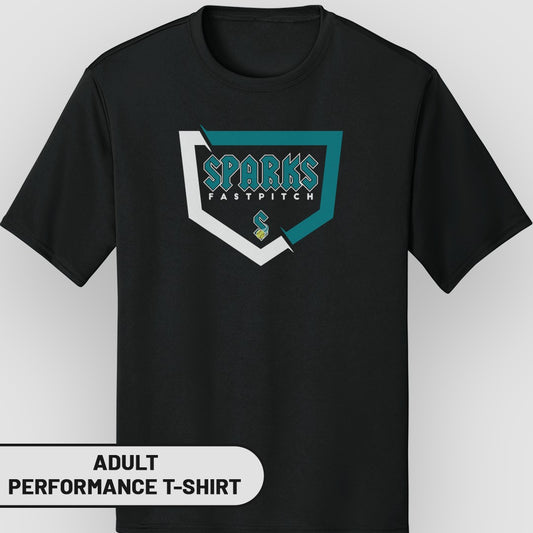 Black t-shirt with "Sparks Fastpitch" logo on chest.