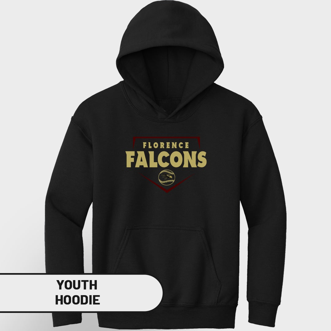Black youth hoodie with "Florence Falcons" text and baseball logo.