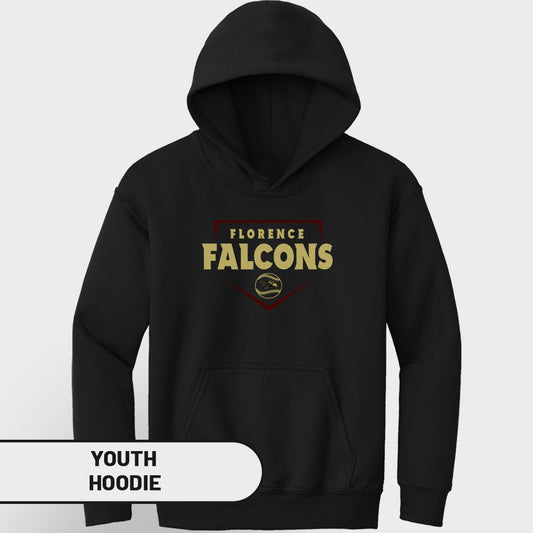 Black youth hoodie with "Florence Falcons" text and baseball logo.