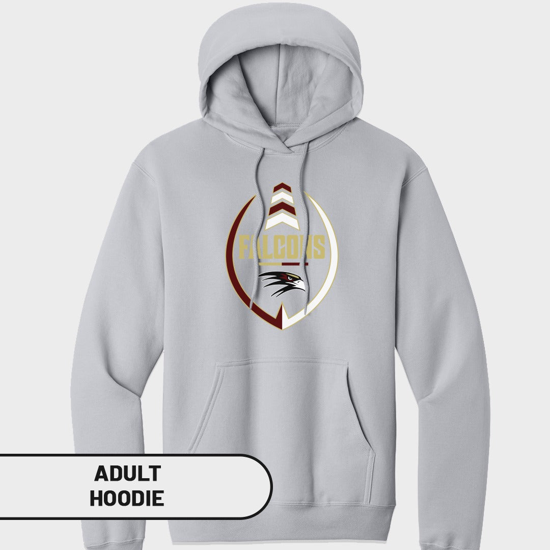 Light grey adult hoodie with a football logo and the word FALCONS.
