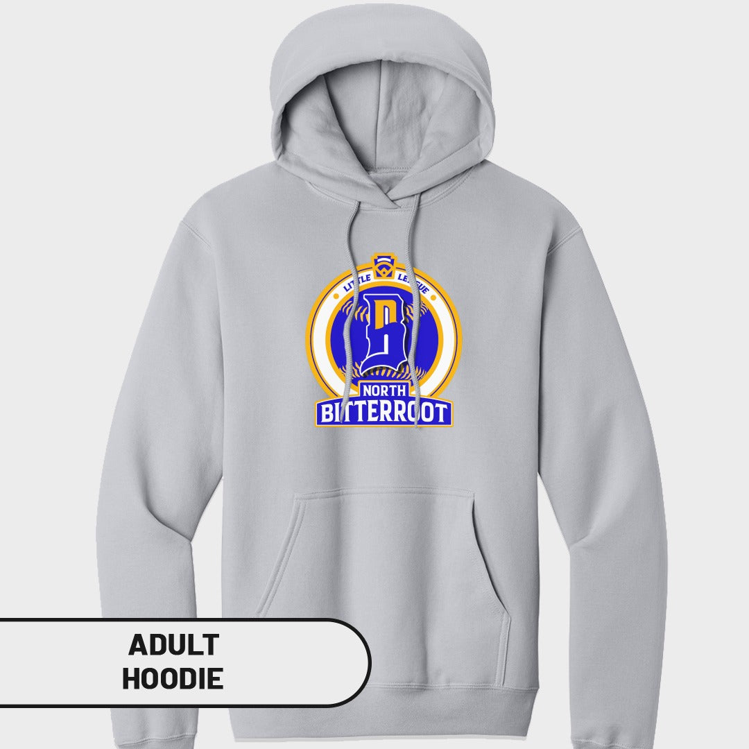 Light gray adult hoodie with a "Little League North Bitterroot" circular logo.