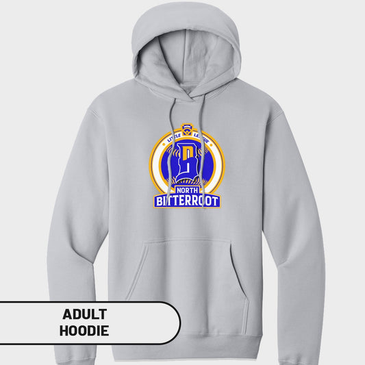 Light gray adult hoodie with a "Little League North Bitterroot" circular logo.