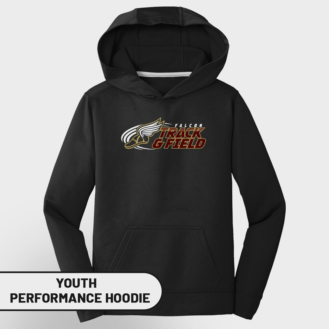 Youth black performance hoodie with Falcon Track & Field logo.