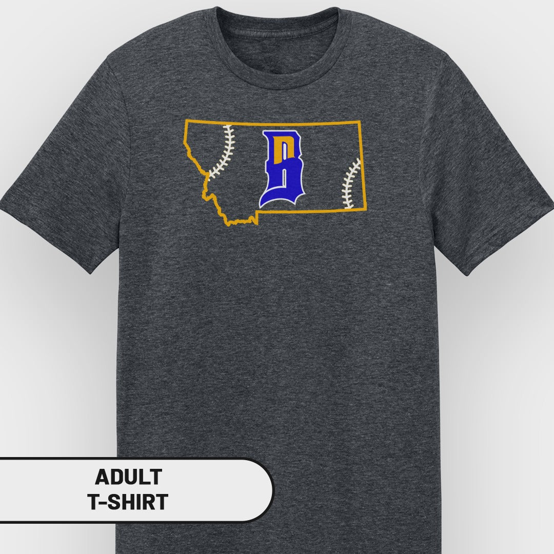 Dark gray t-shirt with Montana outline and "D" baseball logo.