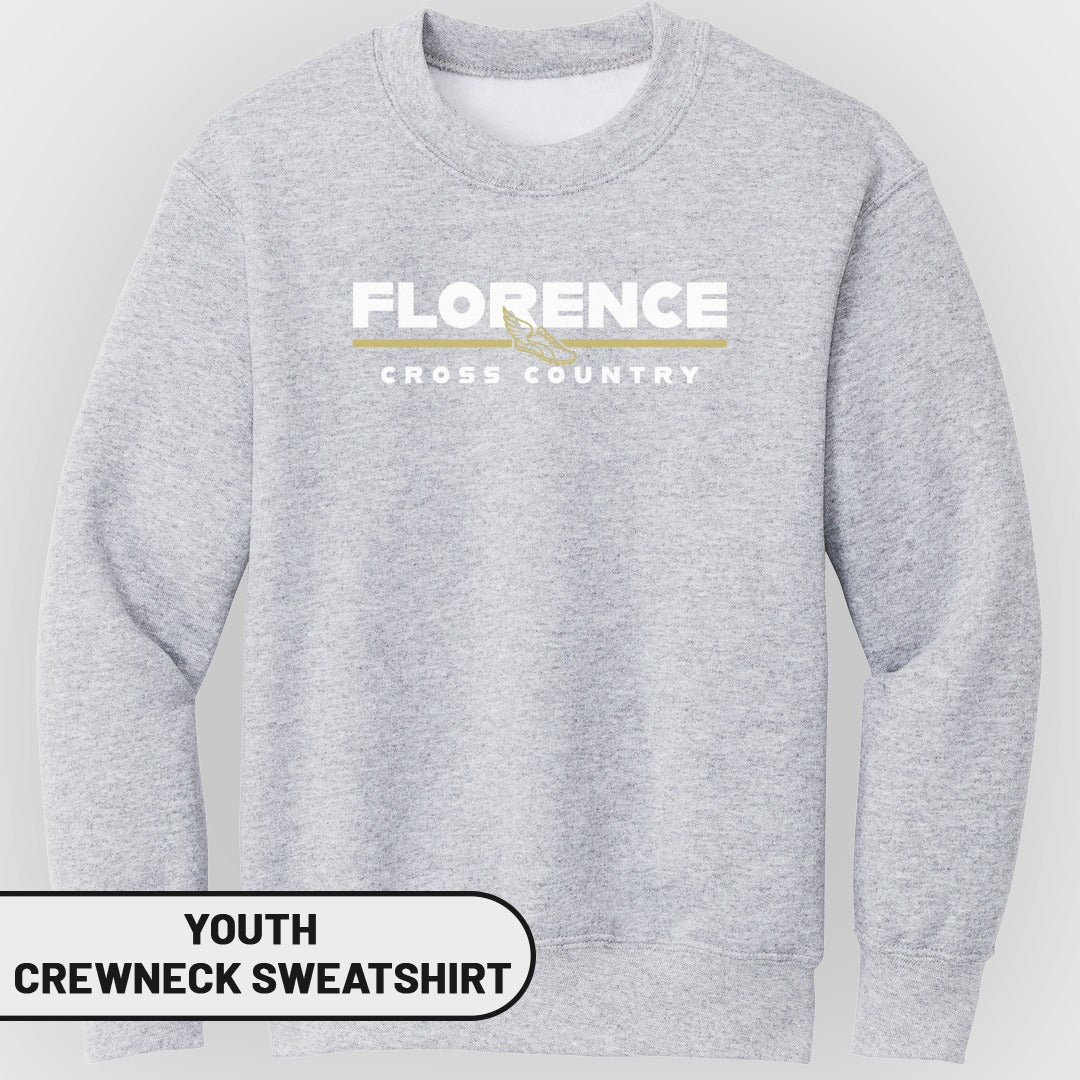 Youth crewneck sweatshirt with "FLORENCE CROSS COUNTRY" text and athletic shoe graphic.
