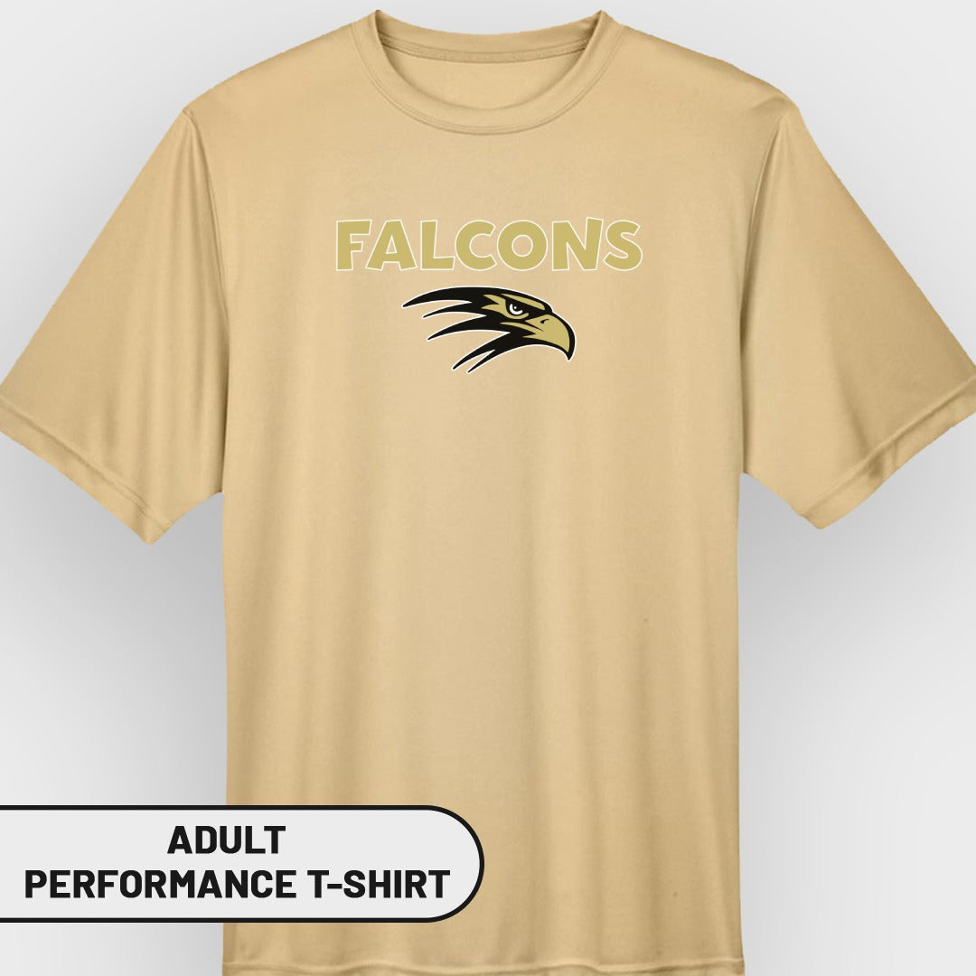 Tan adult performance t-shirt with "FALCONS" and a falcon logo.