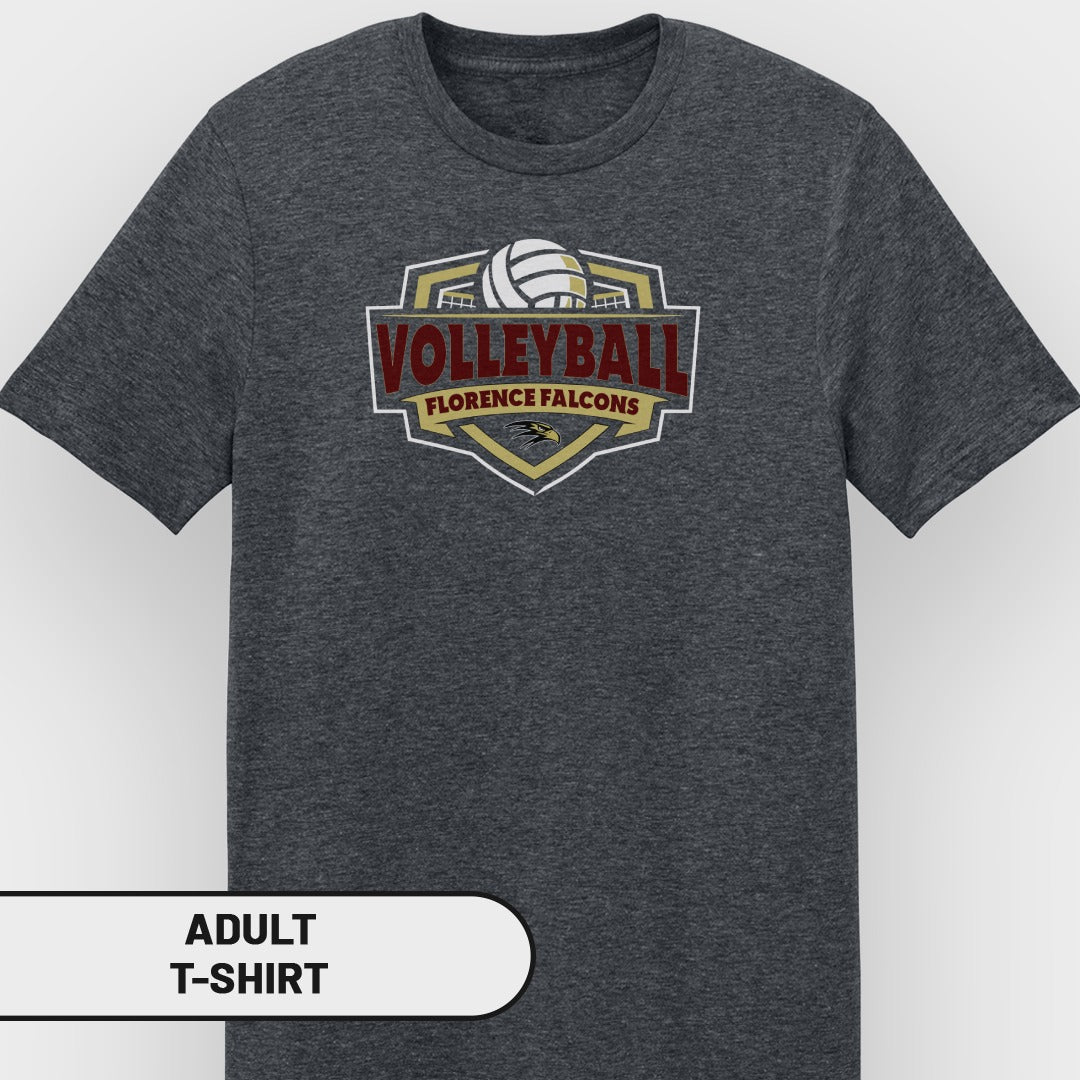 Dark grey adult t-shirt with "VOLLEYBALL FLORENCE FALCONS" logo and volleyball graphic.