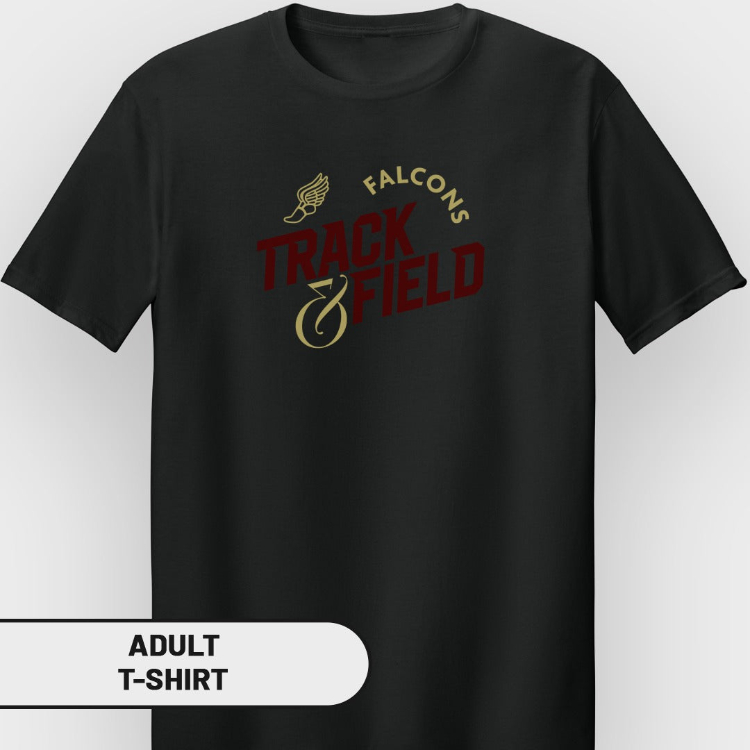 Black t-shirt with "Falcons Track & Field" logo in red and gold.