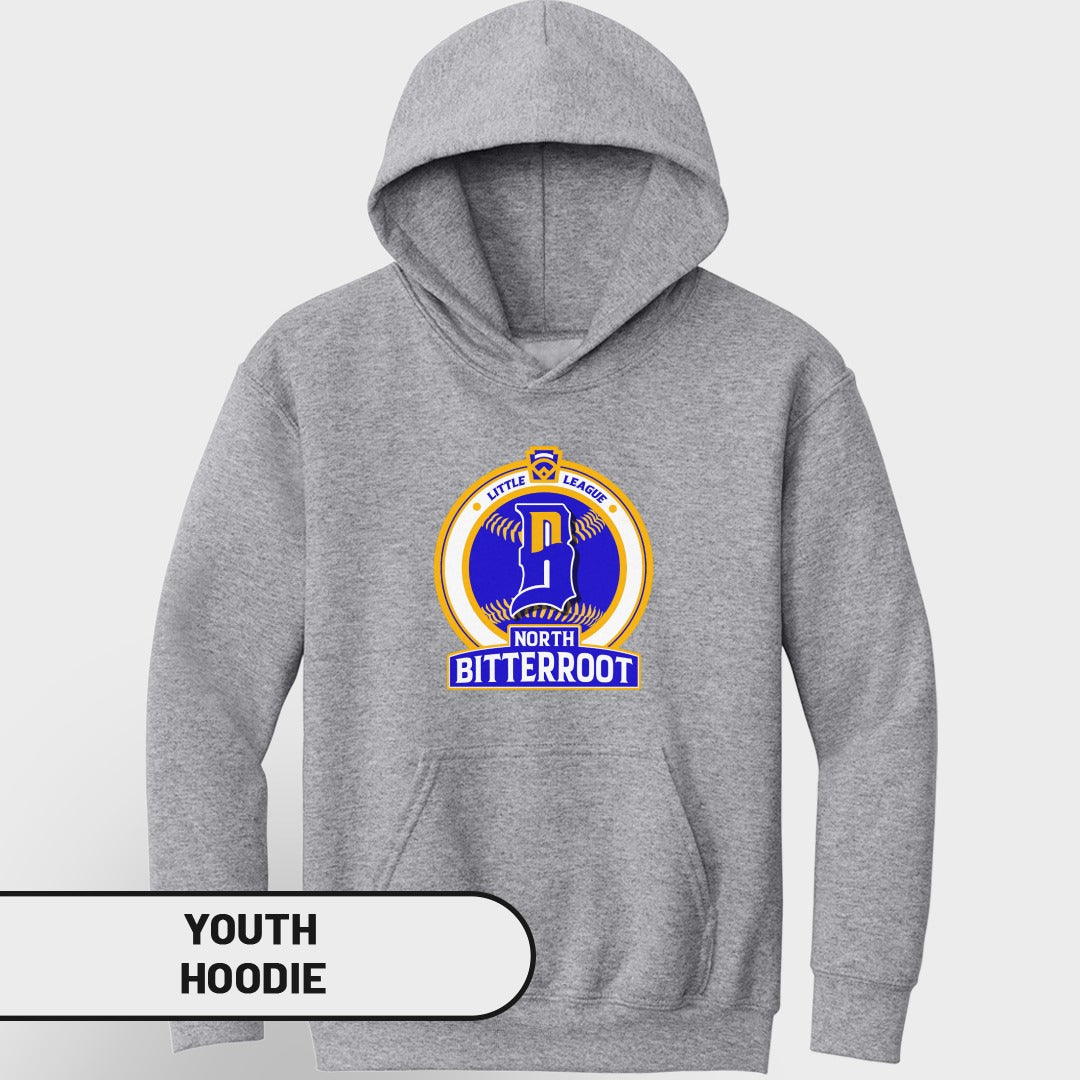 Gray youth hoodie with Little League North Bitterroot logo on chest.