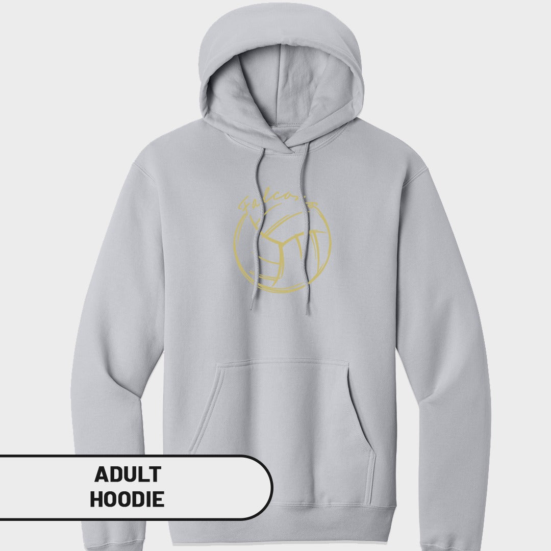Light grey adult hoodie with gold volleyball graphic and text "GUICORP".