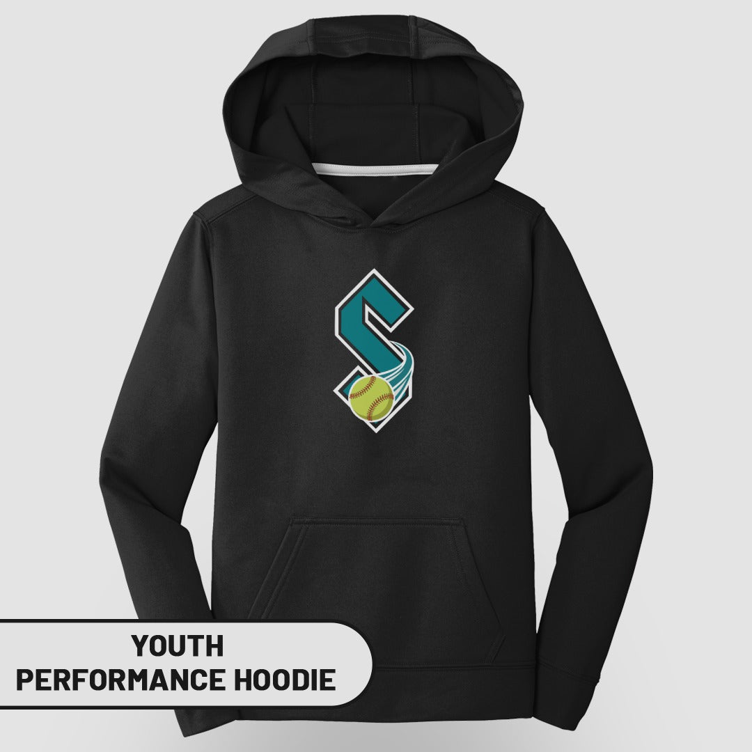 Black youth performance hoodie with stylized "S" logo and softball graphic.