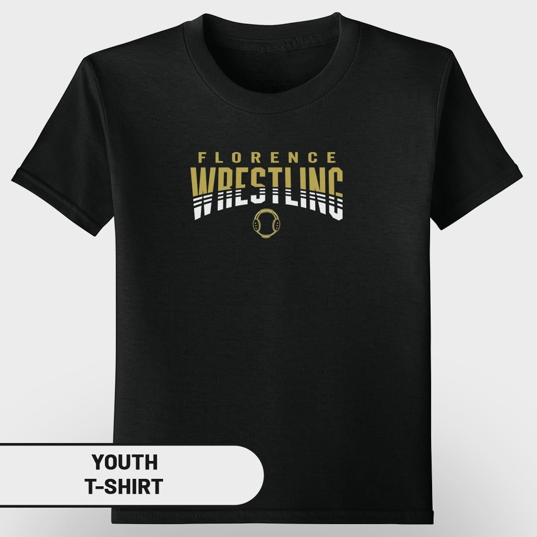 Black youth t-shirt with "Florence Wrestling" text and wrestling headgear graphic.