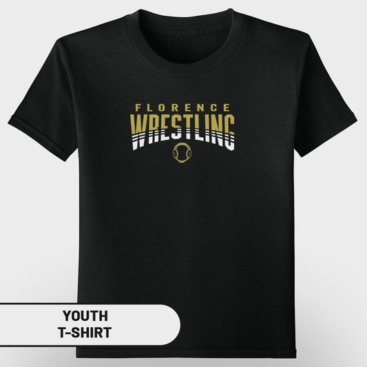 Black youth t-shirt with "Florence Wrestling" text and wrestling headgear graphic.