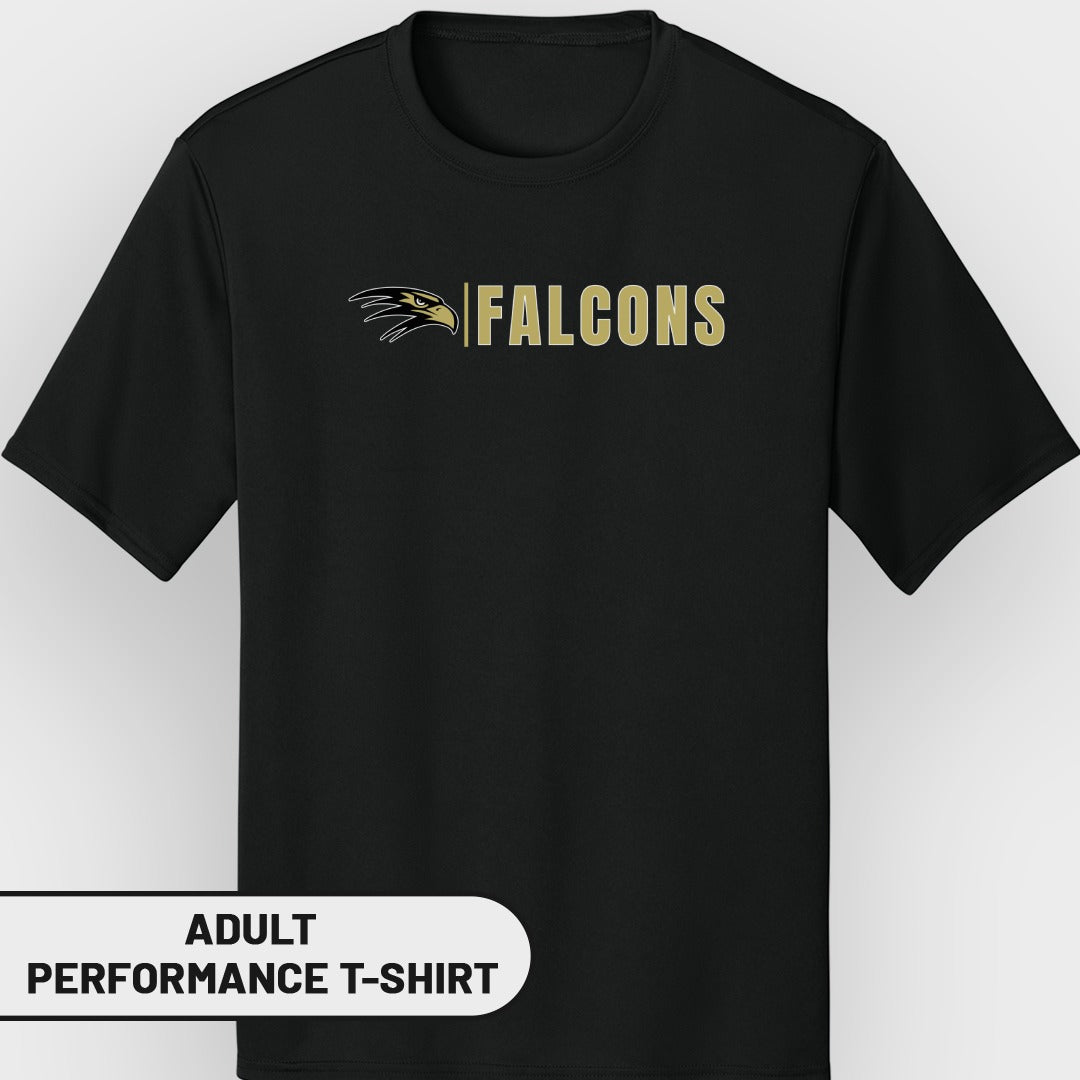 Black adult performance t-shirt with gold "FALCONS" and eagle logo.
