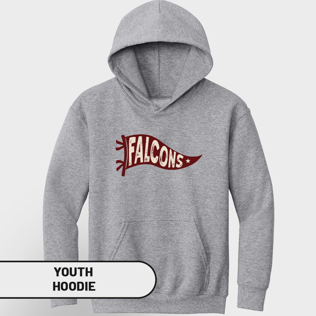 Gray youth hoodie with a red banner graphic that reads "FALCONS" and a star.