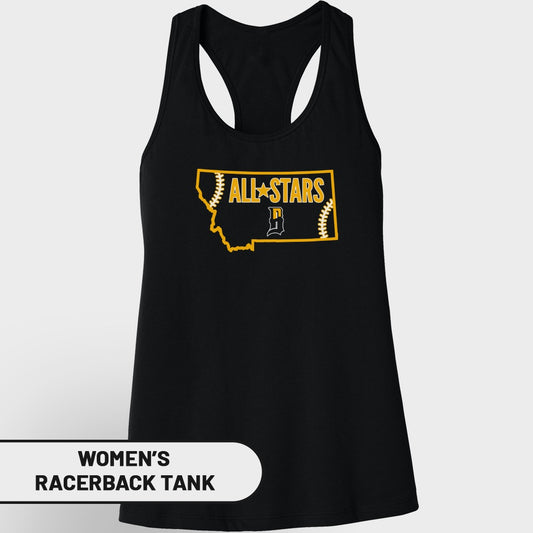 Women's black All-Stars tank with Montana outline and baseball graphic.