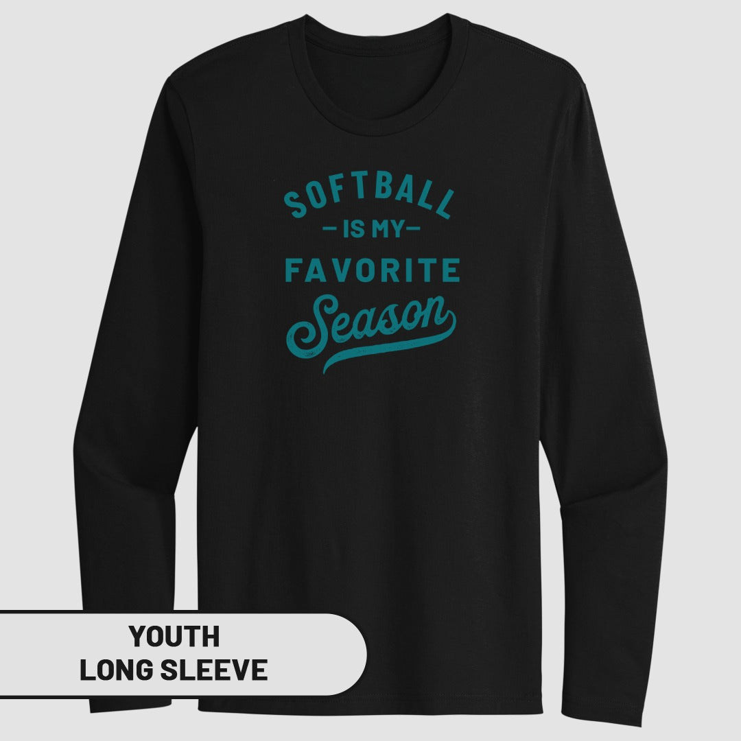 Youth long sleeve shirt with "Softball is my favorite season" text.
