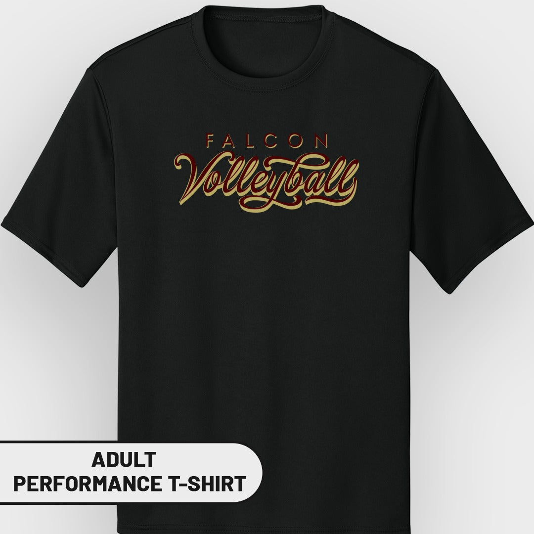 Black adult performance t-shirt with "Falcon Volleyball" text in gold and maroon.
