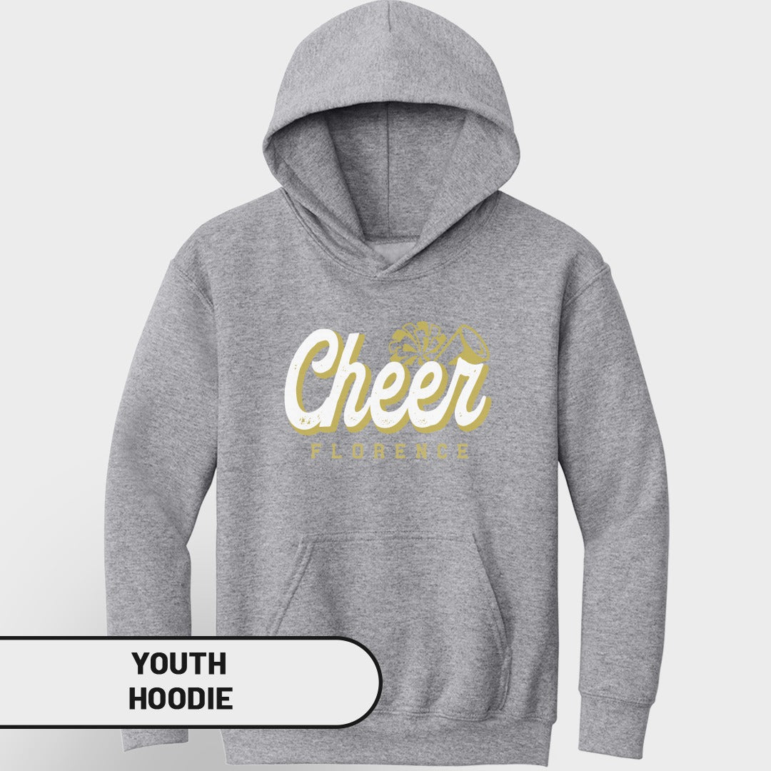 Gray youth hoodie with "Cheer Florence" text and graphic design.