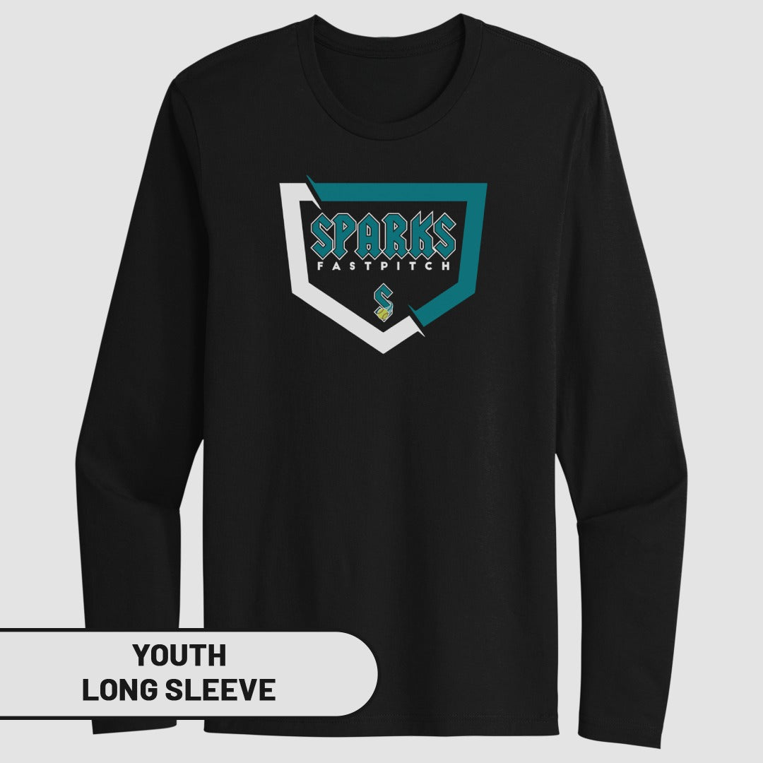 Black youth long sleeve shirt with "SPARKS FASTPITCH" logo.