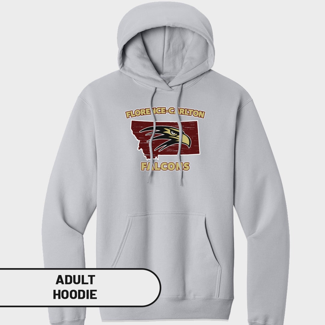 Grey adult hoodie with Florence-Carlton Falcons logo on Montana state outline.