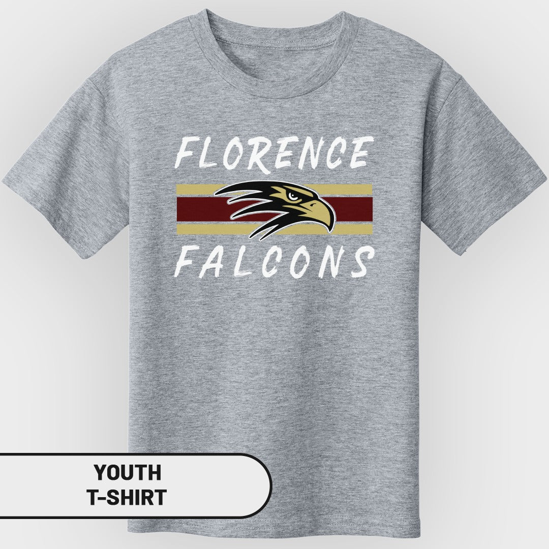 Grey youth t-shirt with Florence Falcons logo and text.