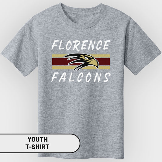 Grey youth t-shirt with Florence Falcons logo and text.