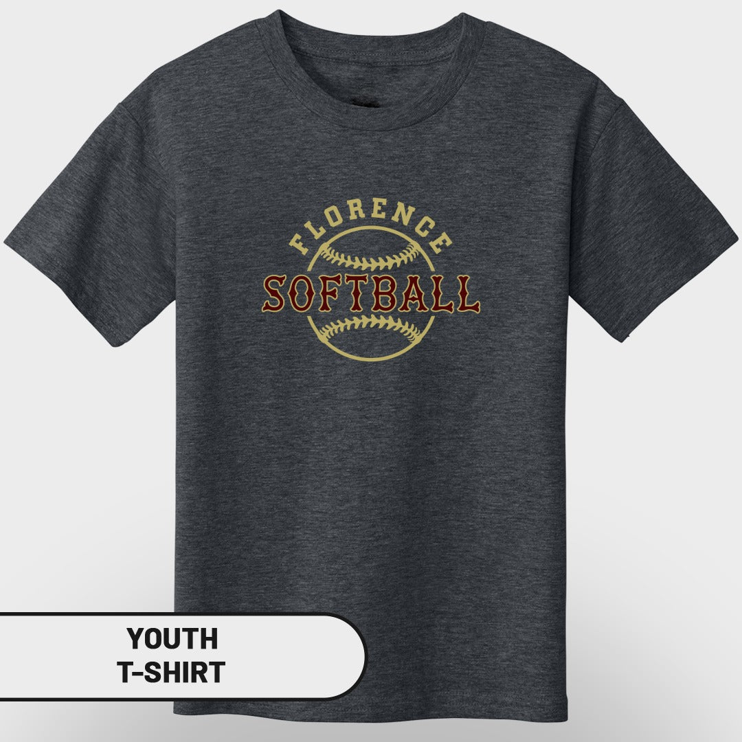 Youth t-shirt with "Florence Softball" and baseball graphic.