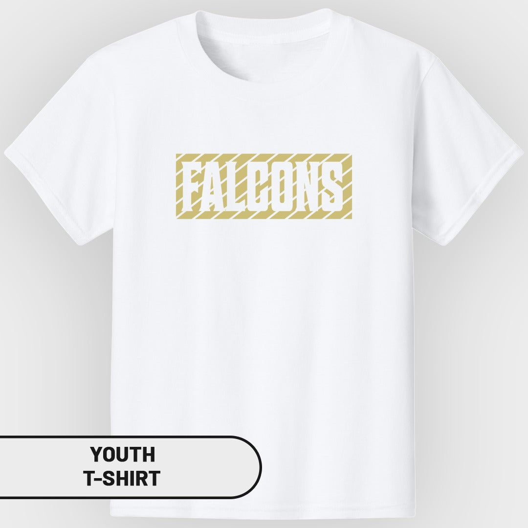 White youth t-shirt with "FALCONS" printed in gold stripes.