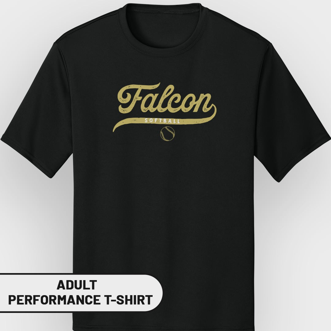 Black adult performance t-shirt with distressed "Falcon Softball" graphic and softball.