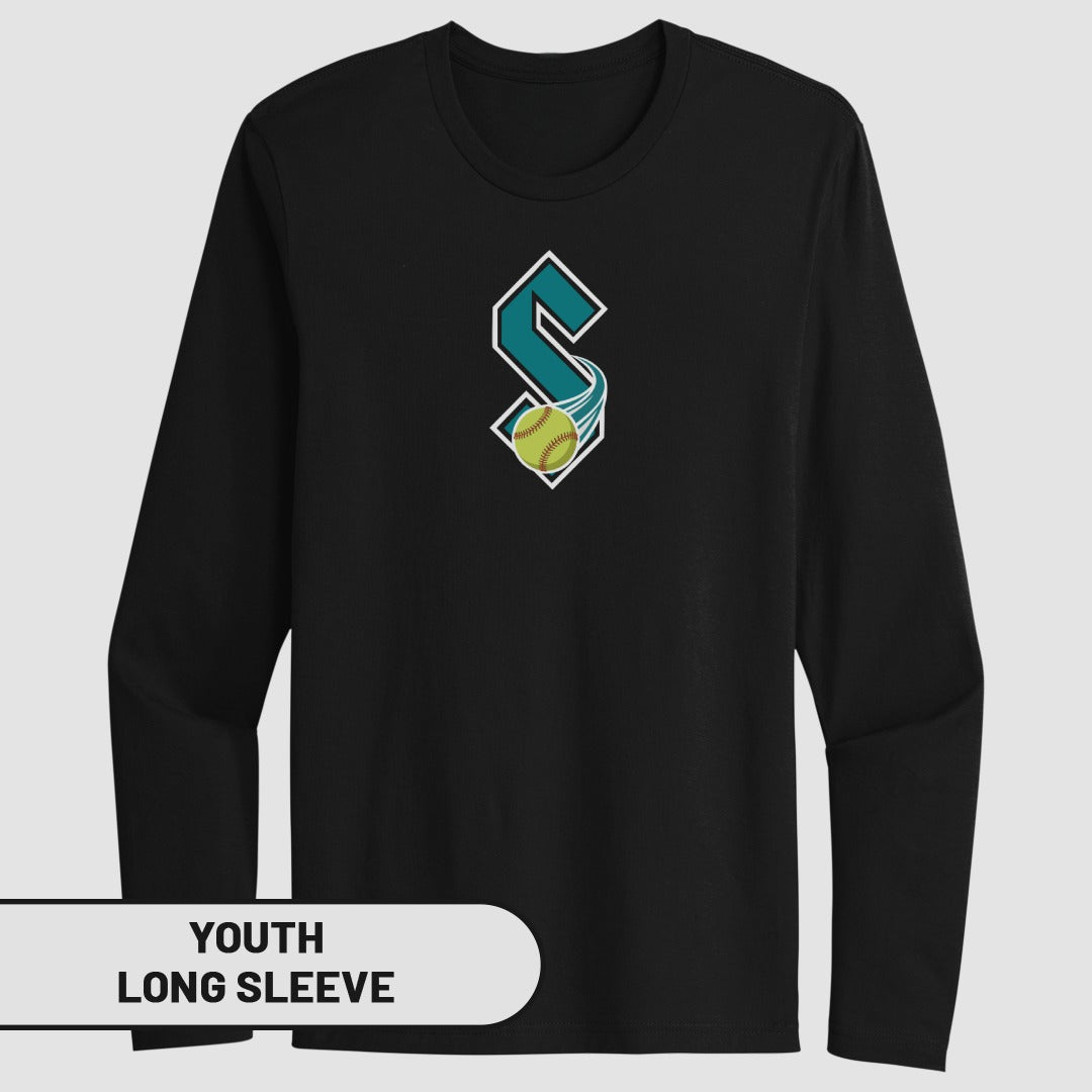 Black youth long sleeve shirt with a teal "S" logo and softball graphic.