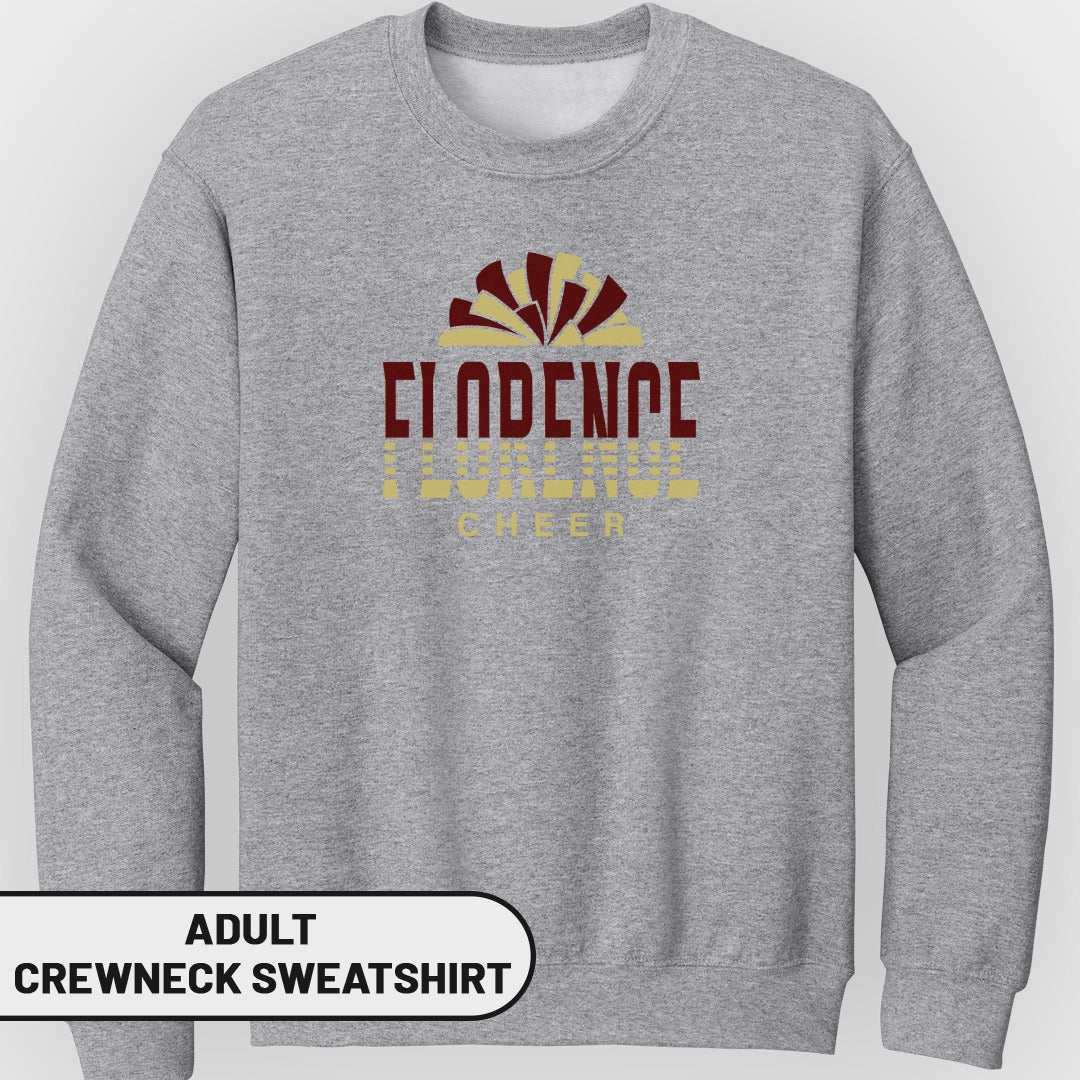 Grey adult crewneck sweatshirt with "Clarence Florence Cheer" graphic.