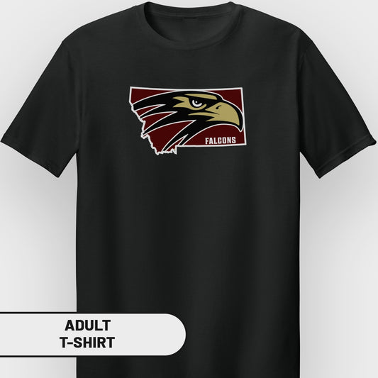 Black t-shirt with a Montana outline, falcon head, and "FALCONS" text.