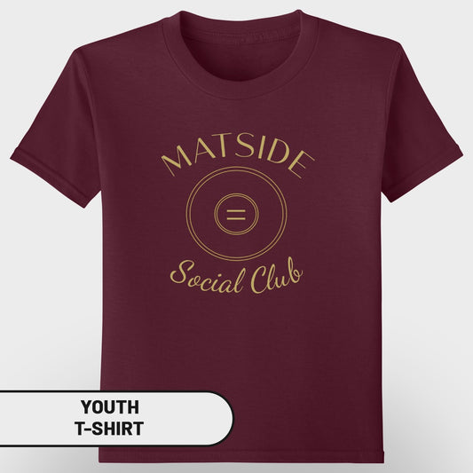 Maroon youth t-shirt with gold "MATSIDE Social Club" text and wrestling graphic.