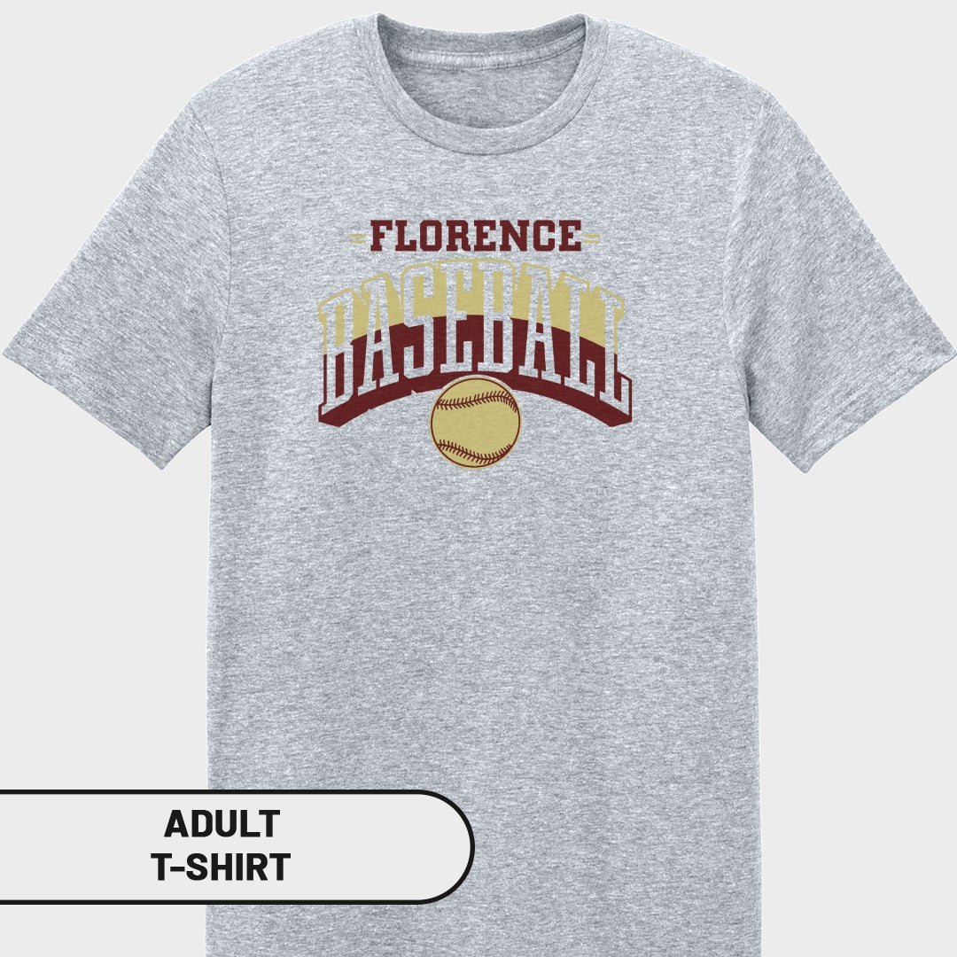 Grey t-shirt with "Florence Baseball" text and a baseball graphic.