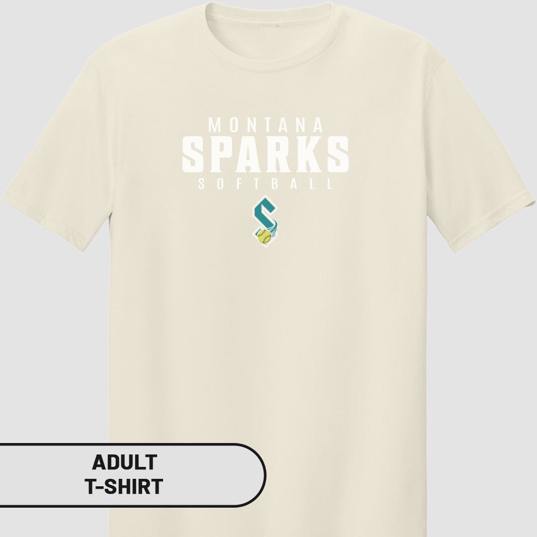 Cream t-shirt with Montana Sparks logo and text.