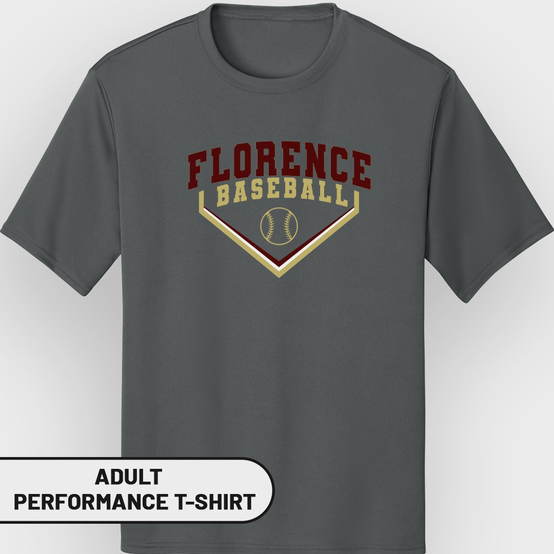 Dark grey t-shirt with "Florence Baseball" logo and a baseball icon.