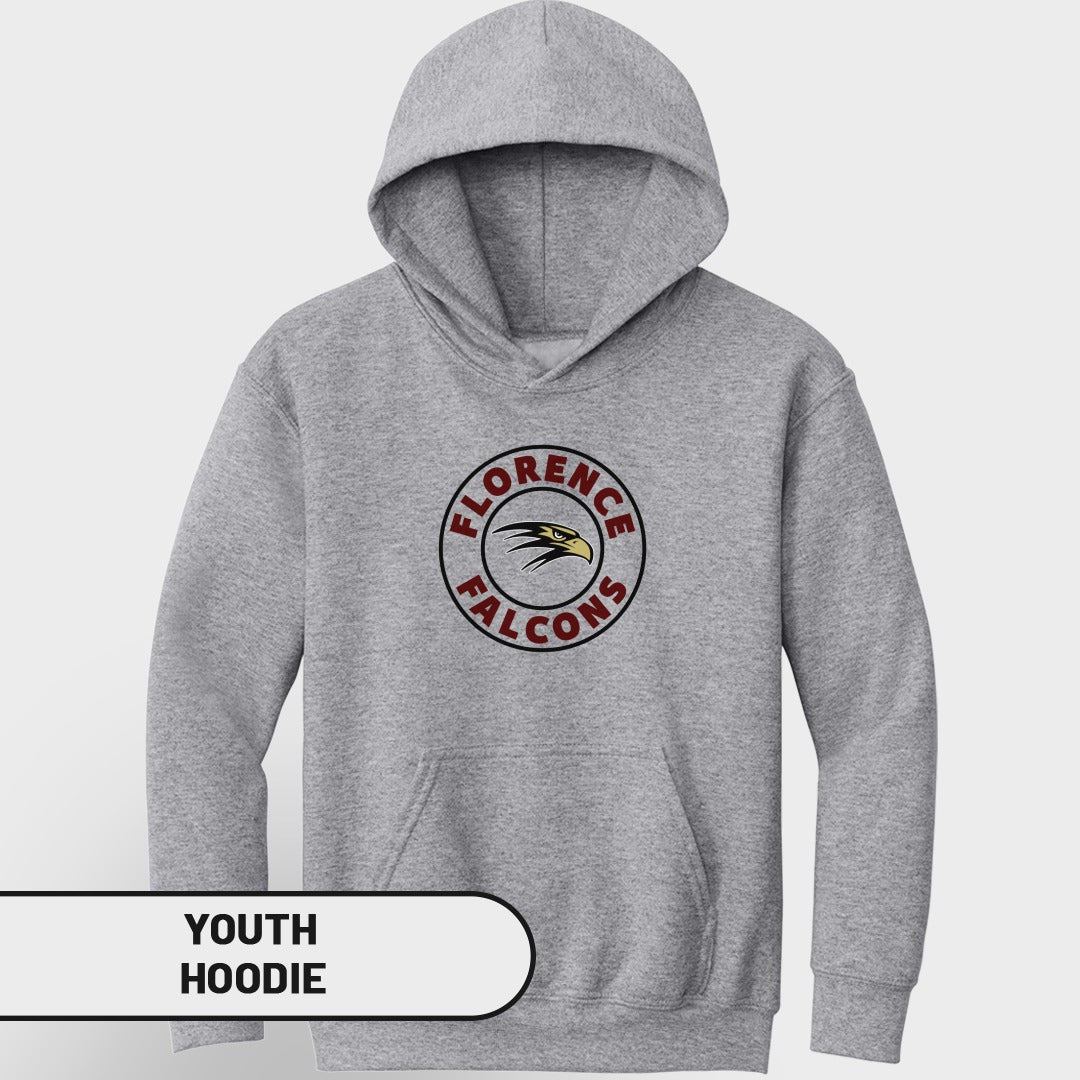 Grey youth hoodie with Florence Falcons logo on chest.