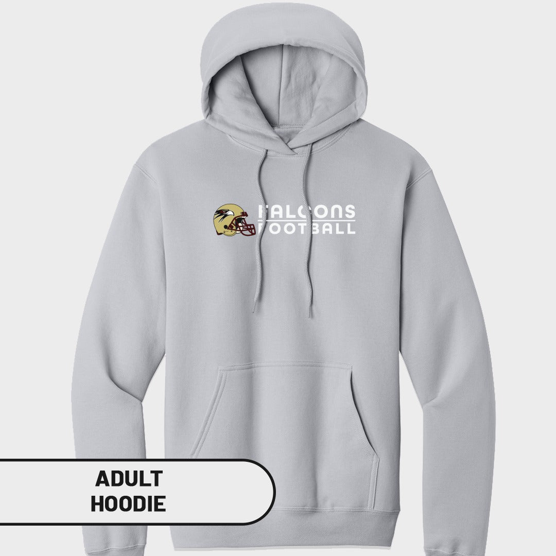 Grey adult hoodie with Falcons Football text and helmet graphic.