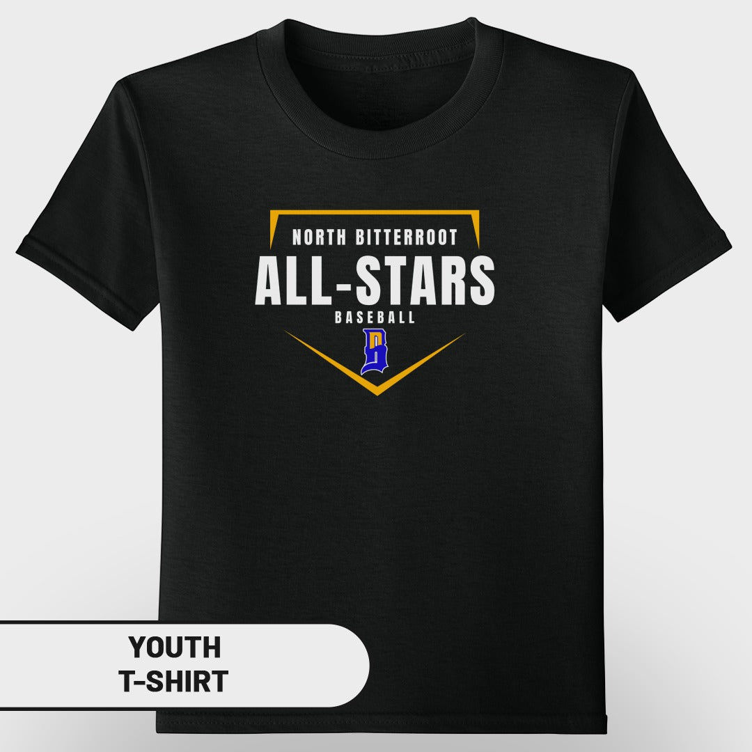 Black youth t-shirt with "North Bitterroot All-Stars Baseball" logo.