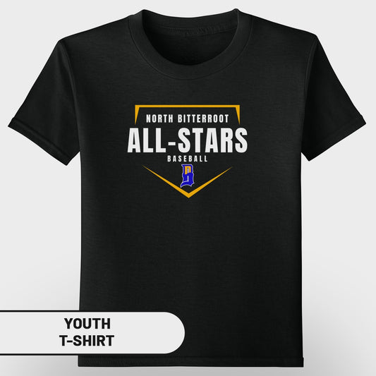 Black youth t-shirt with "North Bitterroot All-Stars Baseball" logo.