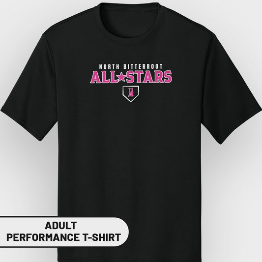 Black t-shirt with "North Bitterroot All-Stars" baseball logo.