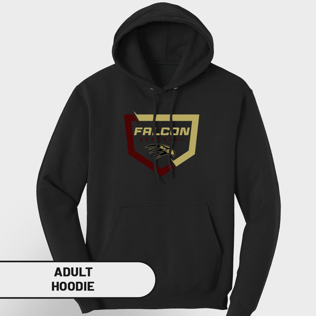 Black adult hoodie with "FALCON SOFTBALL" logo featuring a hawk.
