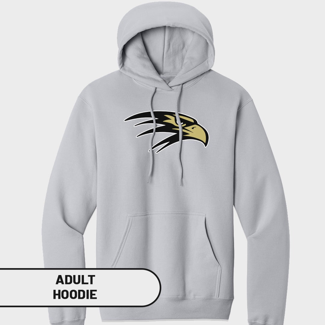 Light grey adult hoodie with a black and gold eagle head logo.
