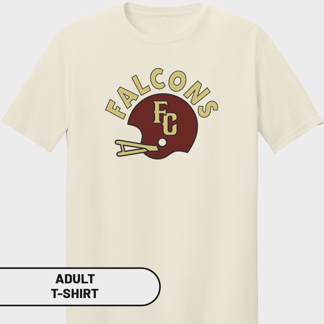 Cream adult t-shirt with maroon and gold "Falcons FC" logo.