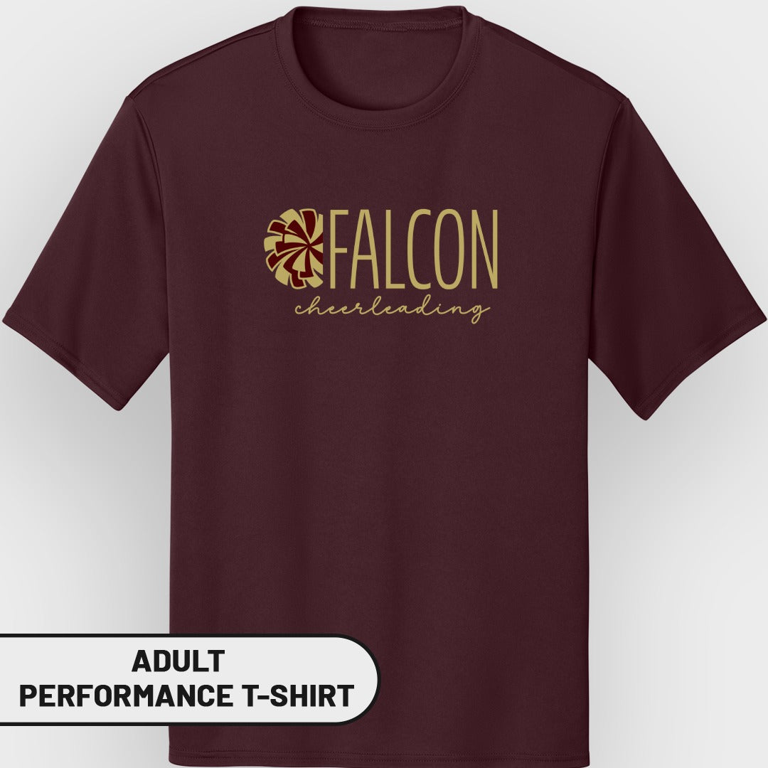 Maroon adult performance t-shirt with gold "FALCON cheerleading" text and graphic.