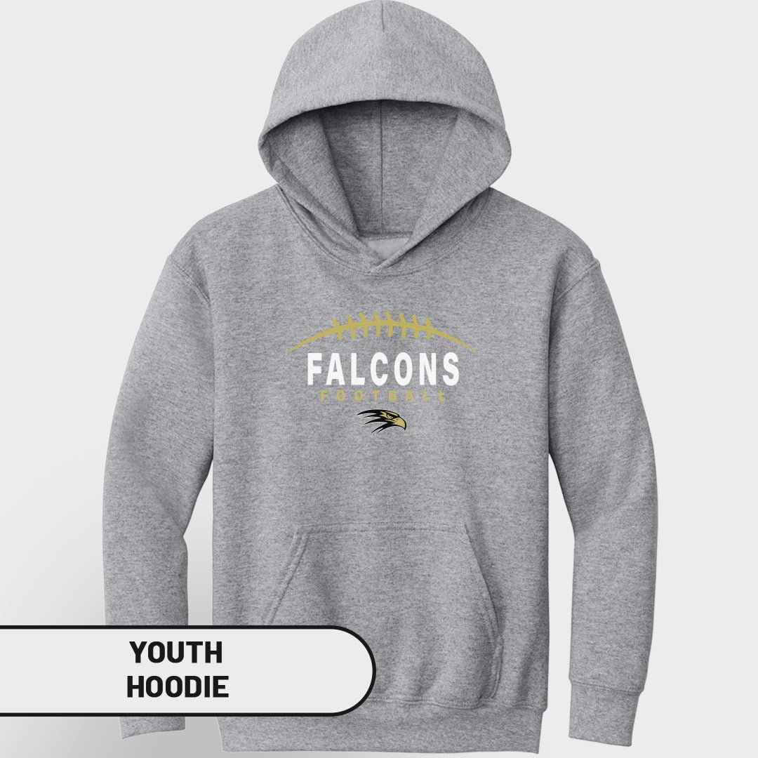 Grey youth hoodie with Falcons Football text and eagle graphic.