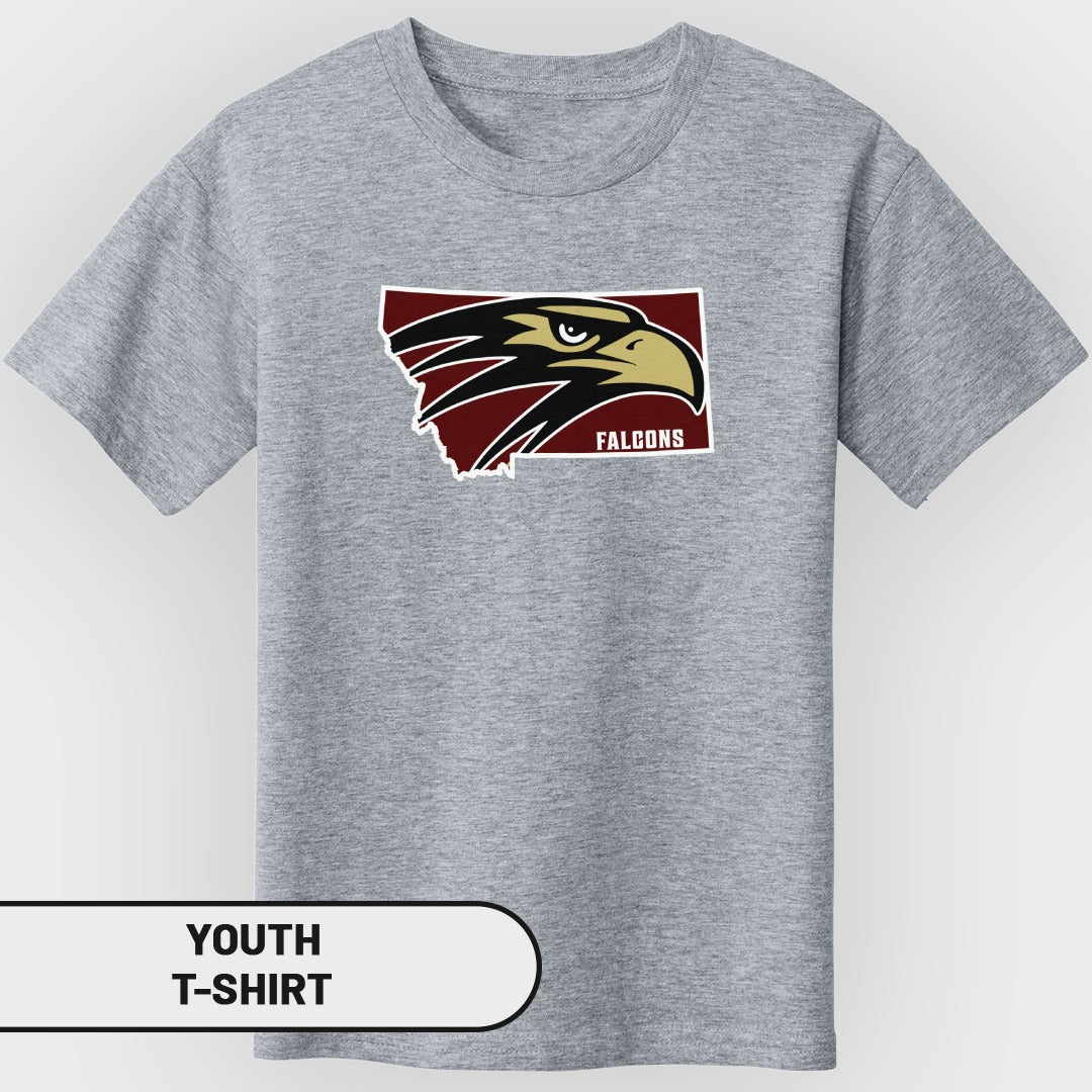 Grey youth t-shirt with Montana outline, eagle head, and "FALCONS" text.